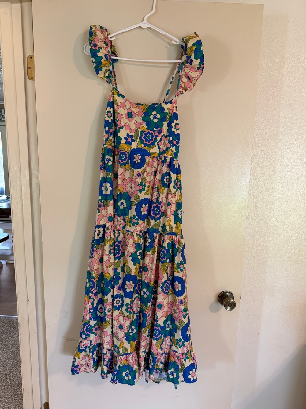 Floral Ruffle Strap Maxi Dress in Blue, Pink & Green